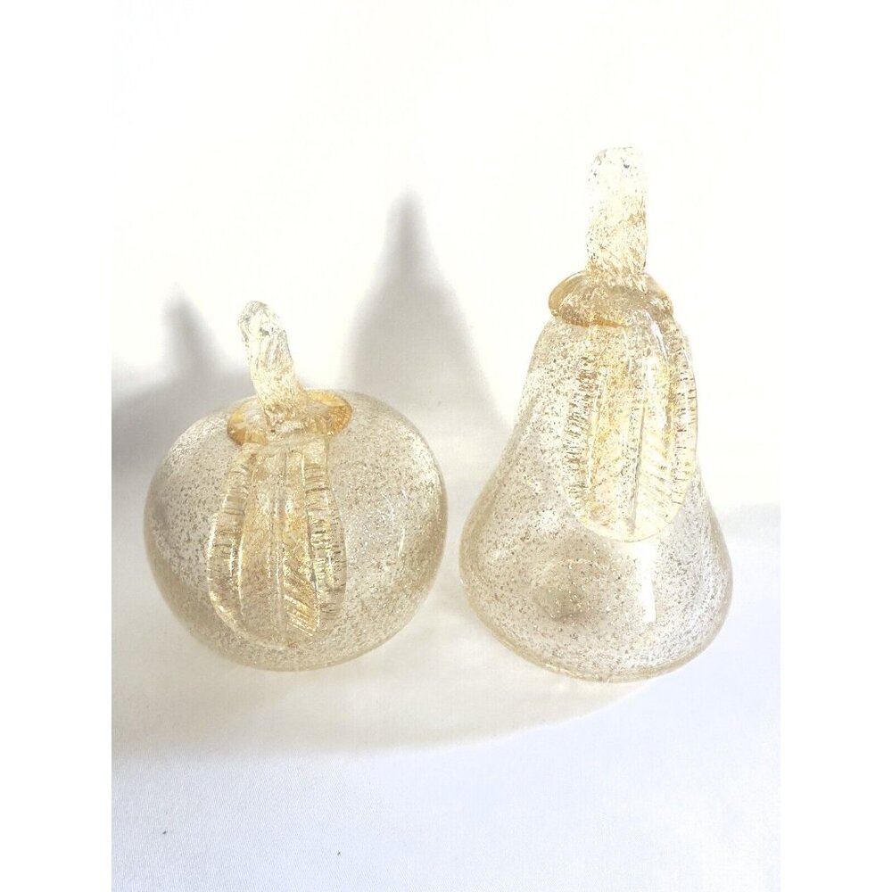 Vintage Italy Art Glass Paperweight Apple Pear Gold Shimmer Heavy Set Of 2